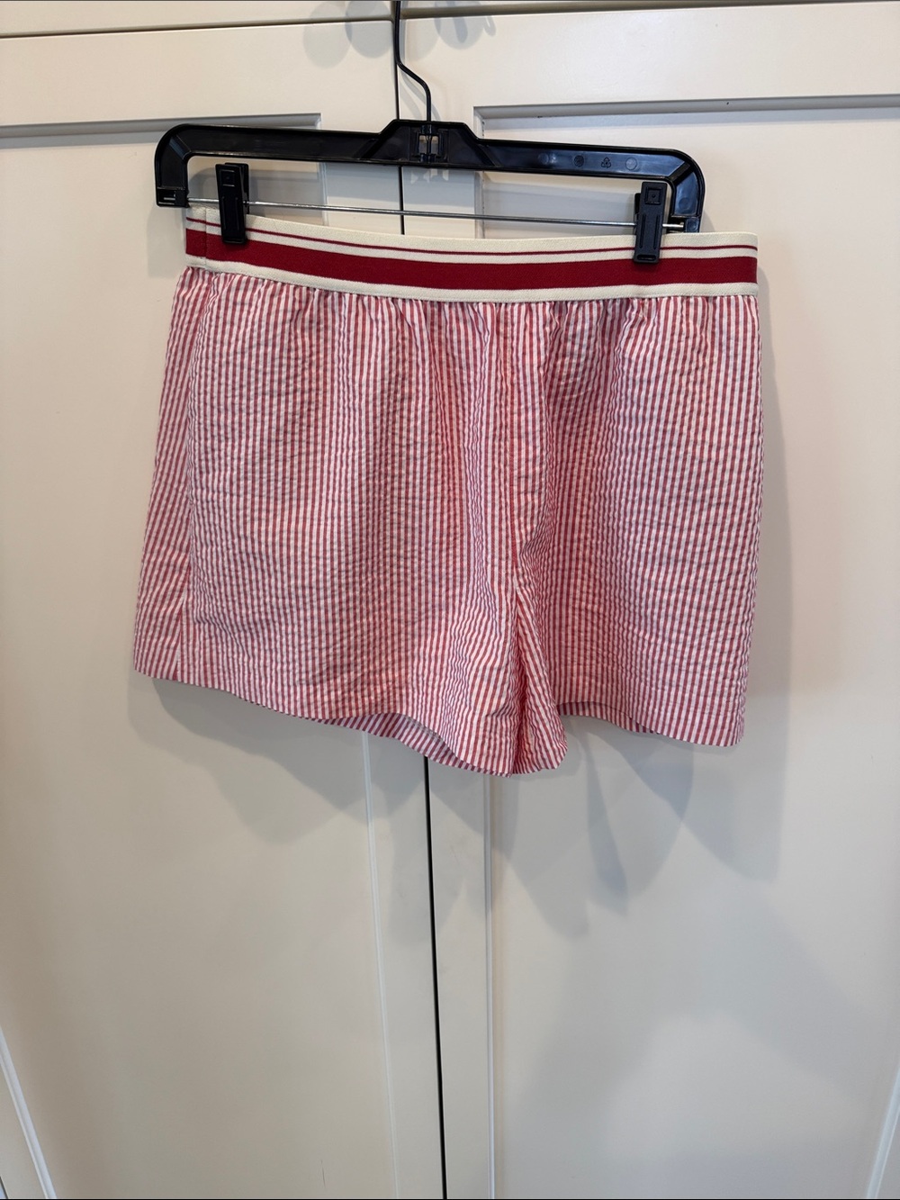Zara Red and White Seersucker Athletic Shorts with Striped Waistband